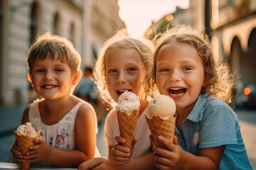 Satisfied cheerful carefree happy children eating ice cream together outdoors