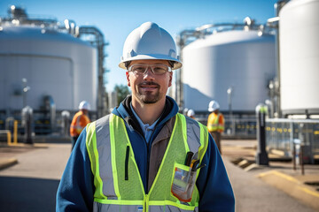 Portrait of engineer man worker at LPG storage plant, LNG liquefied natural gas tanks
