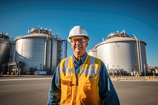 Portrait of engineer man worker at LPG storage plant, LNG liquefied natural gas tanks
