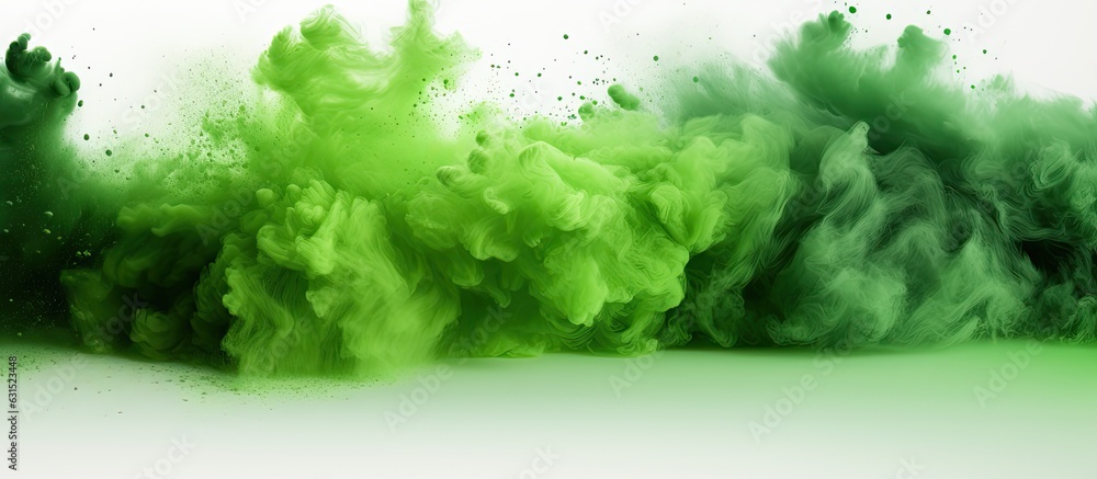 Poster green powder or dust explosion in a square border on a white backdrop, available space for use.