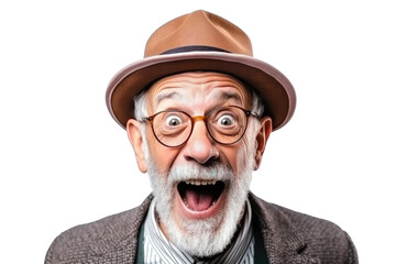 Portrait of funny amazed old man with open mouth and shocked big eyes wearing hat and eyeglasses on a transparent background