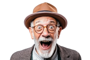 Portrait of funny amazed old man with open mouth and shocked big eyes wearing hat and eyeglasses on a transparent background