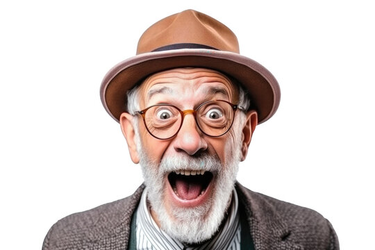 Portrait of funny amazed old man with open mouth and shocked big eyes wearing hat and eyeglasses on a transparent background