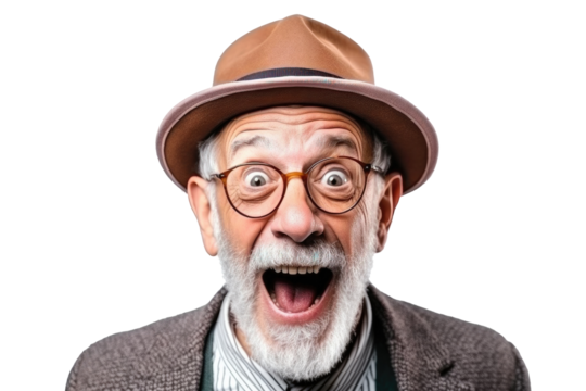 Portrait of funny amazed old man with open mouth and shocked big eyes wearing hat and eyeglasses on a transparent background