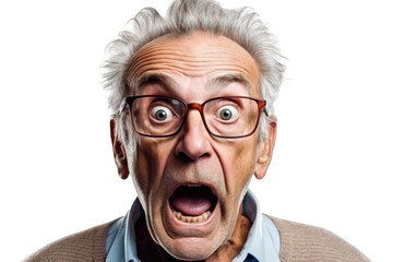 Portrait of amazed old man with an open mouth and round big eyes wearing eyeglasses on a transparent background