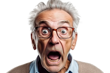 Portrait of amazed old man with an open mouth and round big eyes wearing eyeglasses on a transparent background