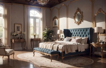 Fototapeta na wymiar luxury comfortable bedroom with bed, armchair, side tables and mirror with big sunny window, luxurious room interior design.