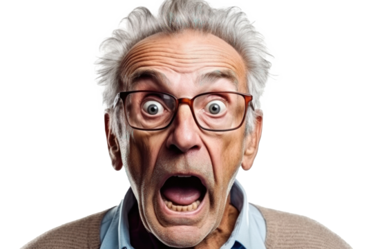Portrait of amazed old man with an open mouth and round big eyes wearing eyeglasses on a transparent background