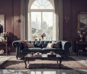 elegant , luxury leather sofa and pillows and side table with flowers, carpet with marble floor and big window making reflections.