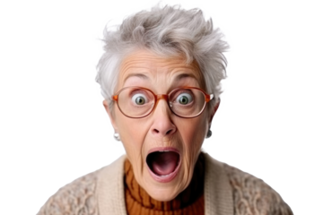 Portrait of amazed old woman with an open mouth and round big eyes wearing eyeglasses on a transparent background