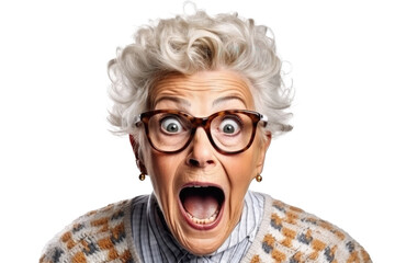 Portrait of amazed old woman with an open mouth and round big eyes wearing eyeglasses on a transparent background