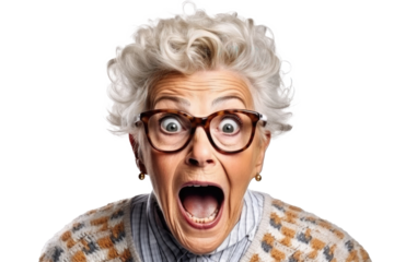 Portrait of amazed old woman with an open mouth and round big eyes wearing eyeglasses on a transparent background