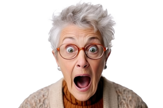 Portrait of amazed old woman with an open mouth and round big eyes wearing eyeglasses on a transparent background