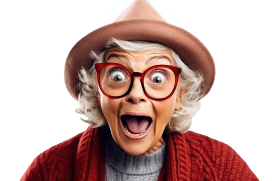 Portrait of amazed old woman with an open mouth and round big eyes wearing hat and eyeglasses on a transparent background