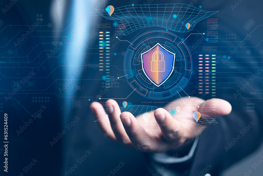 Poster data protection and digital security concept, cybersecurity, button with padlock..