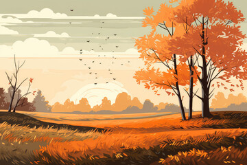 Autumn forest landscape illustration with yellow trees