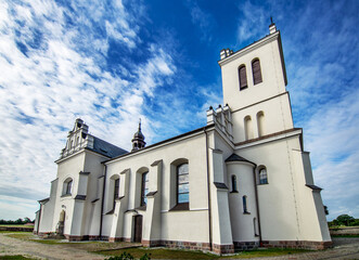 General view and close-up of architectural details of the St. Stanislaus Catholic Church built in 1905 in Sieluń, Masovia, Poland.