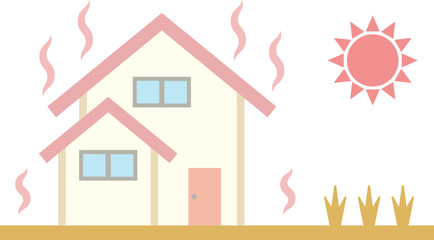 太陽熱で熱くなった三角屋根の2階建て住宅のイラスト