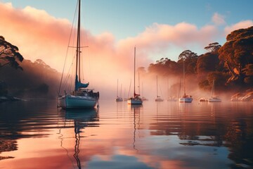 Tranquil Bay with Sailboats Gently Swaying on The Water, Generative AI