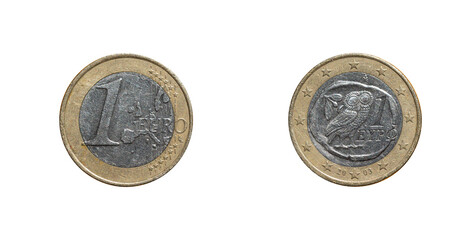 1 Euro coin from Greece with a owl on it, obverse and reverse macro shot.