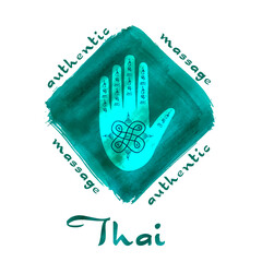 Authentic Thai massage in green. Logo for Thai massage on watercolor background.  Hand with the thai pattern  and traditional thai ornament . Concept  Thai massage  for your design. EPS10.