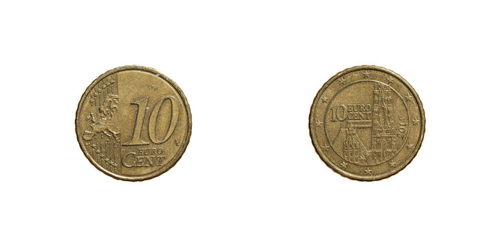 10 cents euro coin of Austria 2014 edition, obverse and reverse macro shot.