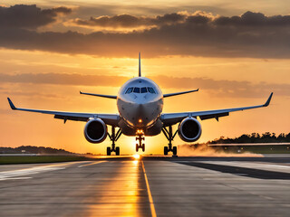 Fototapeta na wymiar A large jetliner taking off from an airport runway at sunset or dawn with the landing gear down and the landing gear down, as the plane is about to take off, Generate AI