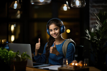Indian college girl working on computer with headphones