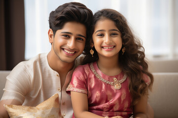 Cheerful Indian brother and sister exchanging gift box during raksha bandhan festival
