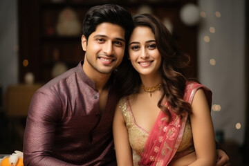 Cheerful Indian brother and sister exchanging gift box during raksha bandhan festival