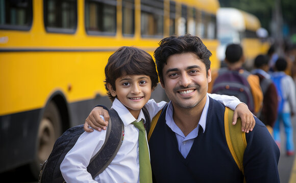 Happy Indian schoolgirl or school boy in uniform standing against yellow school bus