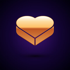 Gold Candy in heart shaped box and bow icon isolated on black background. Valentines Day. Vector