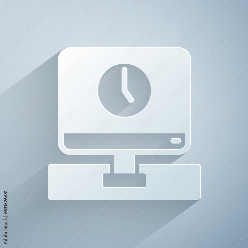 Poster paper cut computer monitor time icon isolated on grey background. electronic device. front view. pap