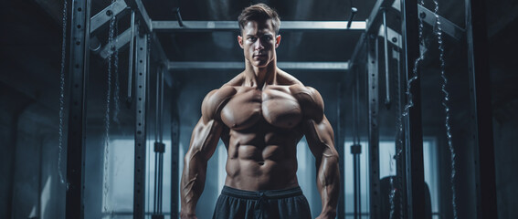 Fototapeta na wymiar Bodybuilder performing workouts in a gym. Gym background. 