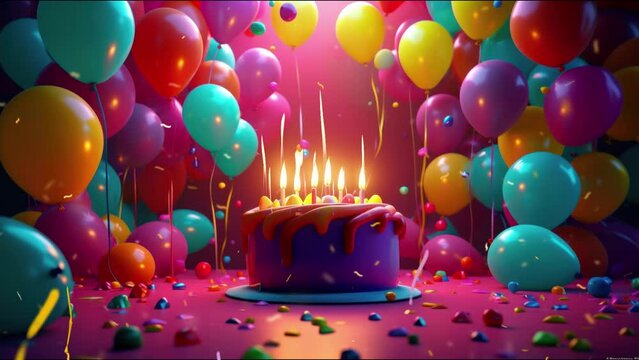 Birthday  or anniversary party in motion with full of colorful balloons with rainbow colors , use it as a background or greeting or setup party room.  Generative ai                  