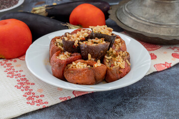 Turkish style stuffed eggplant and dried peppers