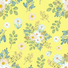 Fototapeta na wymiar Meadow wildflower watercolor seamless pattern. garden flower botanical decorative ornament illustration. floral bloom