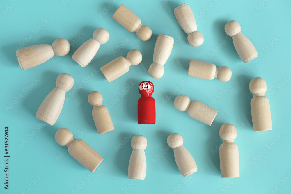 Aufkleber ai. a wooden red figurine with an artificial intelligence brain is different from the crowd. ai can 