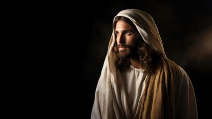 Fototapeta na wymiar Realistic portrait of Jesus Christ on dark background