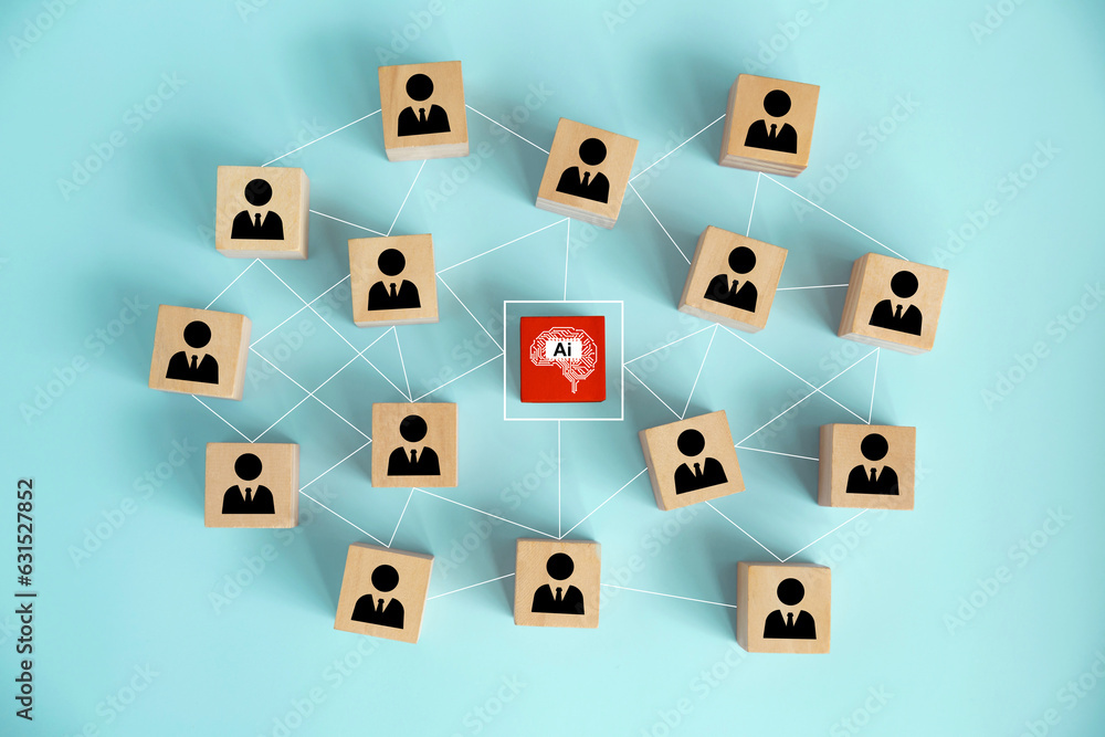 Poster ai (artificial intelligence) concept. a wooden cube with a person icon links the connection network 