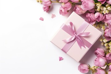 Gift box with pink flowers over a white background. Birthday concept