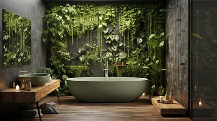 modern comfortable bathroom interior with a tub decorated with green plants and walls, fictional interior created with generative ai
