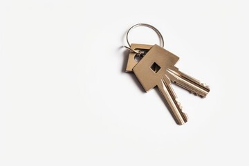 House keys in a keychain in a white background. Mortgage and housing concept
