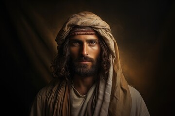 Fototapeta na wymiar Realistic portrait of Jesus Christ on a dark background with light