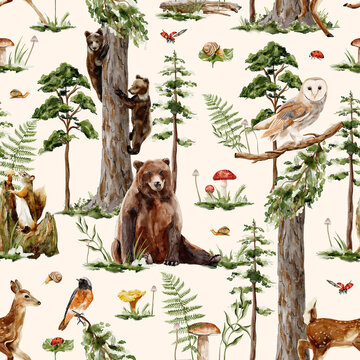 Fototapeta Seamless Pattern Watercolor  painted floral wildflowers and leaves bouquet isolated child nursery decor school nature Kid birthday flowers floral - forest animals woodland 