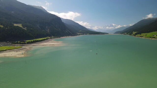 Lake Reschensee in Tirol with the sunken church tower