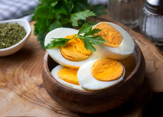 Boiled sliced egg, food photo