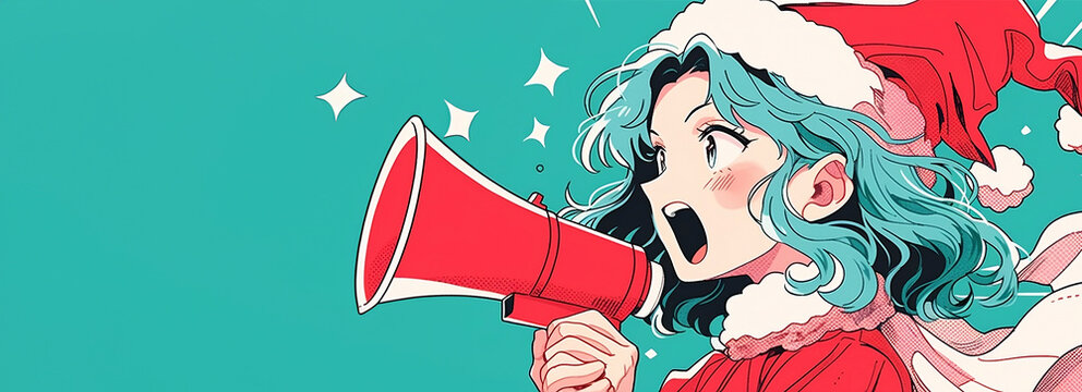 Photo santa clause girl cartoon illustration holding megaphone for happy christmas day concept , christmas sale banner. Ai generated