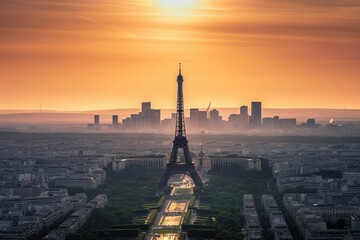 Paris Skyline mit Eiffelturm und La Defense bei Sonnenuntergang, Generative AI