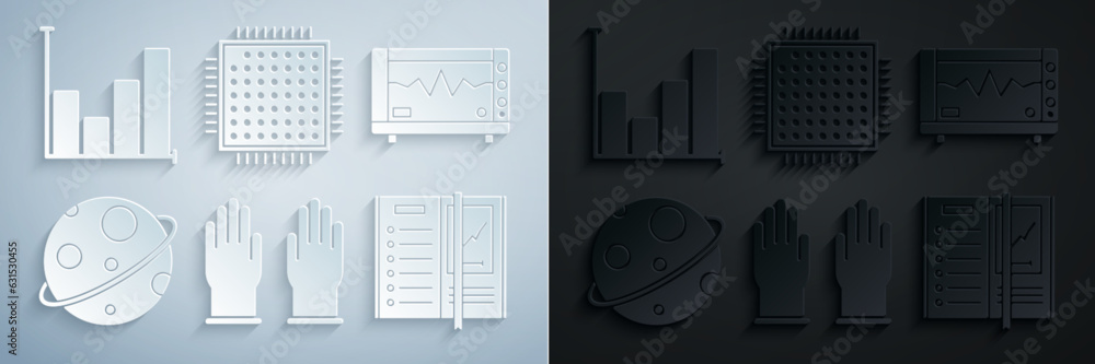 Poster set rubber gloves, computer monitor with cardiogram, planet, notebook, processor and pie chart infog